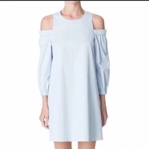 PALE BLUE EXPOSED SHOULDER MINI DRESS